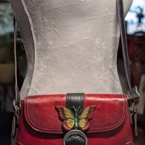 Red Leather Butterfly Accent Crossbody Bag